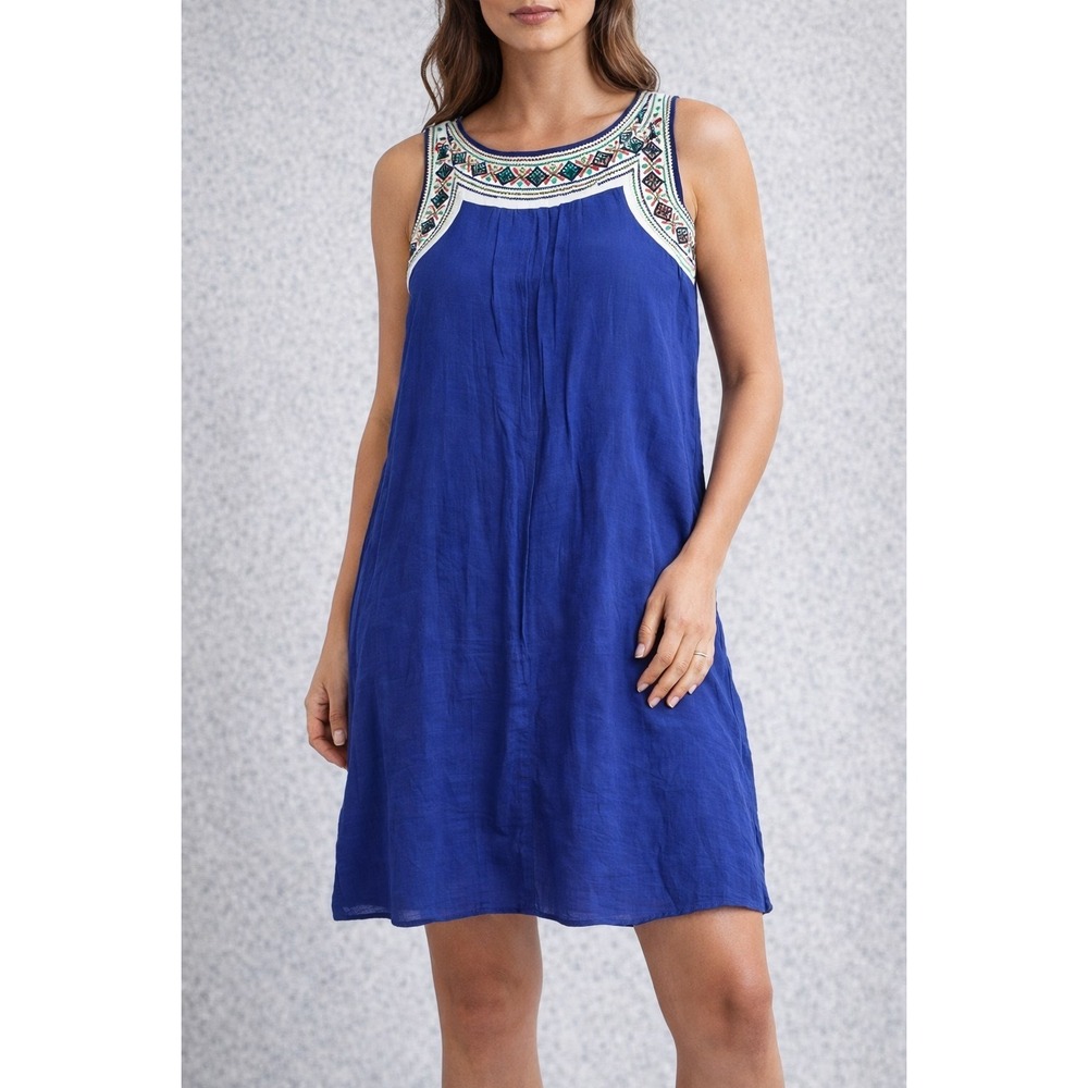 Luxology Dress Womens Medium Blue Embroidered V Neck Sleeveless Shift Boho